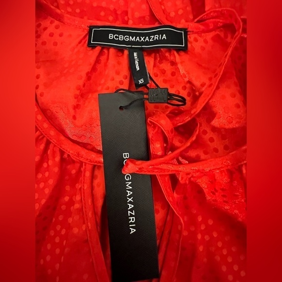 BCBGMAXAZRIA Red Long Puffed Sleeve Tie Front Smocked Waist Tiered Dress Sz XS - Picture 9 of 16